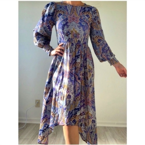 Zara Digital Floral Paisley Balloon Sleeve Midi Dress Blue Gold size Medium - Picture 2 of 10